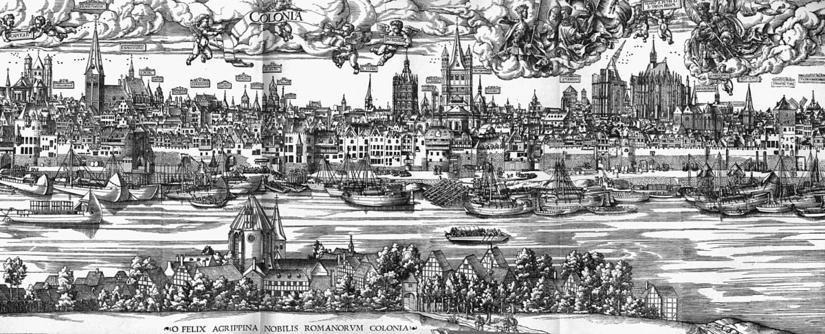 A historic black and white drawing of the city of Cologne