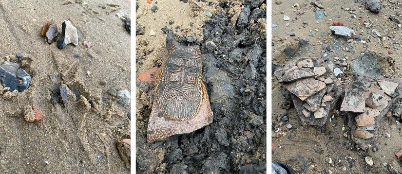 A collage of three photos, each shows fragements of bartmann jug on the thames foreshore.