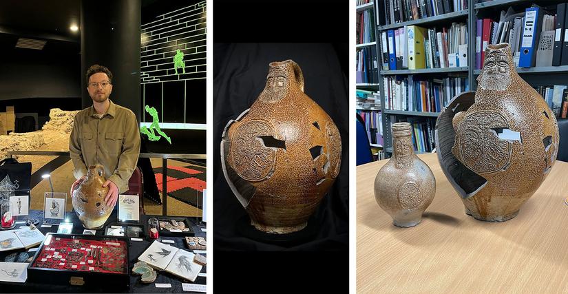 A series of three photos showing Charlie and the bartmann jug at exhibitions and on display