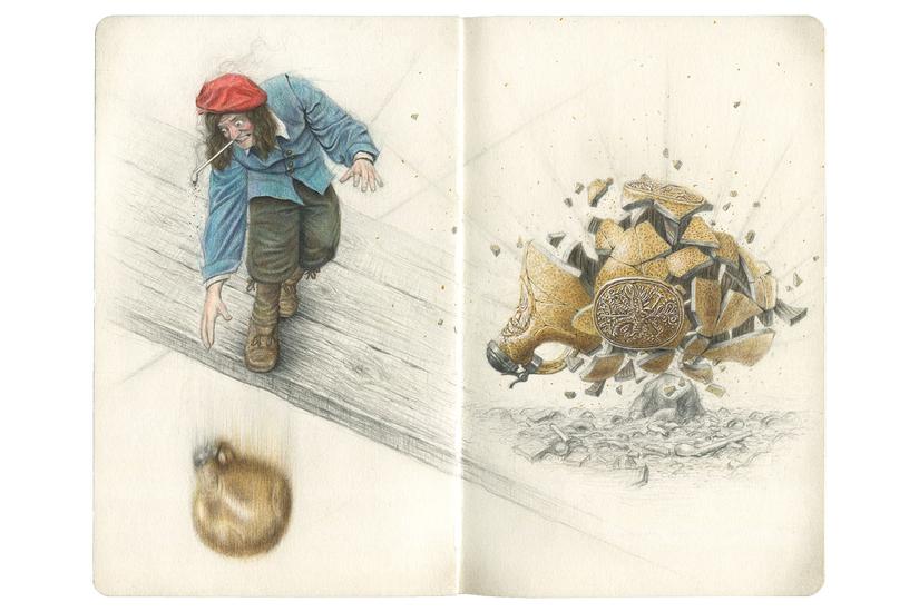 An illustration imagining a man in historic clothing dropping the jug