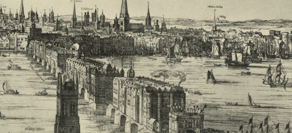 A historic drawing of London with the river thames in the foreground