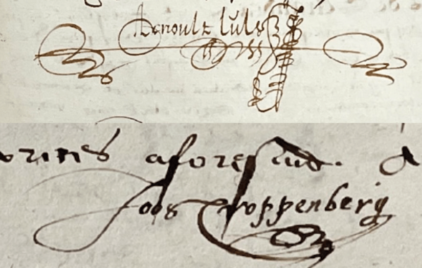 Two signatures from historic documents. They are the signatures of signatures of Joos Croppenburg and Arnold Lulls