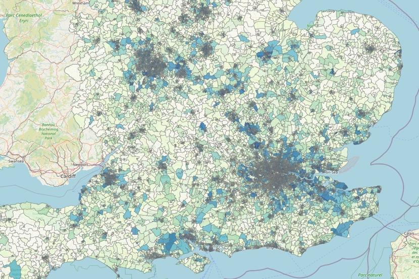 A map of the south of england, showing various colours to indicate different levels of deprivation