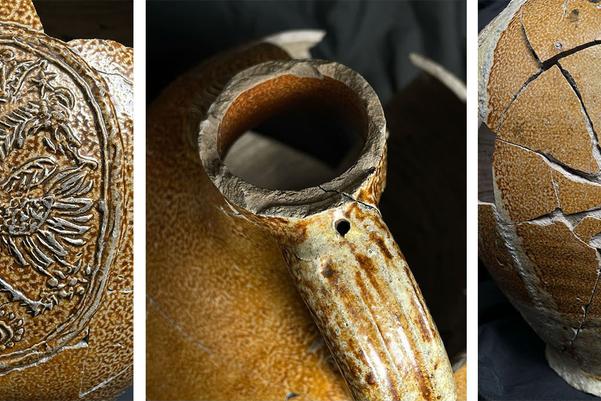 Three images showing the reconstructed medallion and handle