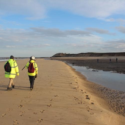 Two figures dressed in hi-viz coasts walk away from the camera along a sandy beach.