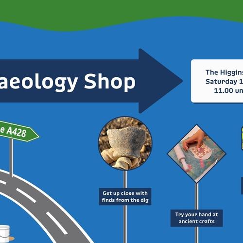A sign saying 'archaeology shop' with various roadsigns containing archaeological objects.