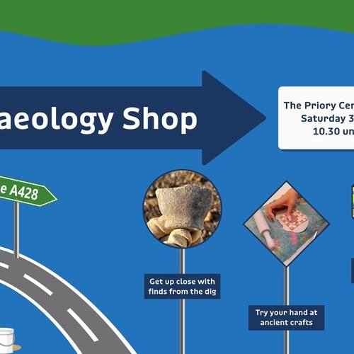 A sign saying 'archaeology shop' with various roadsigns containing archaeological objects.