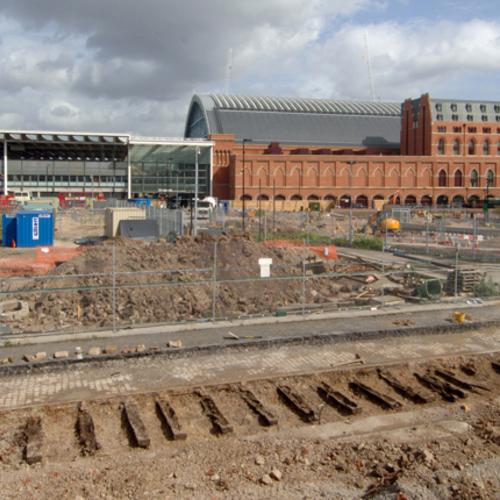 MOLA archaeologists excavate 19th century rarilway tracks at the Somers Town Goods Yard (c) MOLA