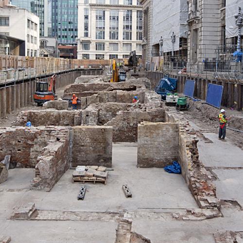 Archaeological excavation at Ten Trinity Square with 18th century building remains.